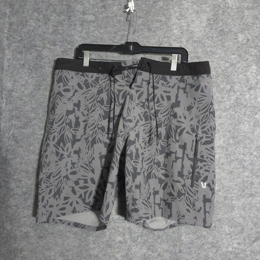 Vuori Board Shorts Mens 36 Grey Floral Leaf Print Lace Up Zip Pocket Stretch